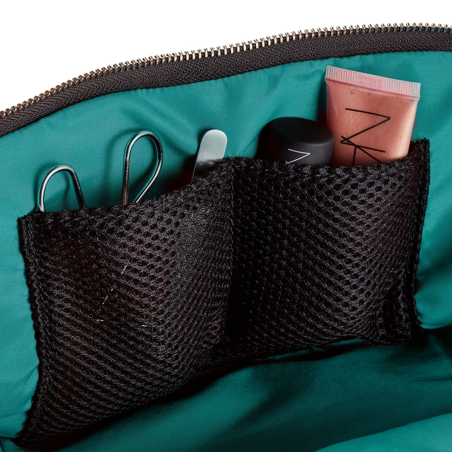 color: Satin Black Fabric with Emerald Green Interior; alt: Vacationer Large Size Makeup Bag | KUSSHI