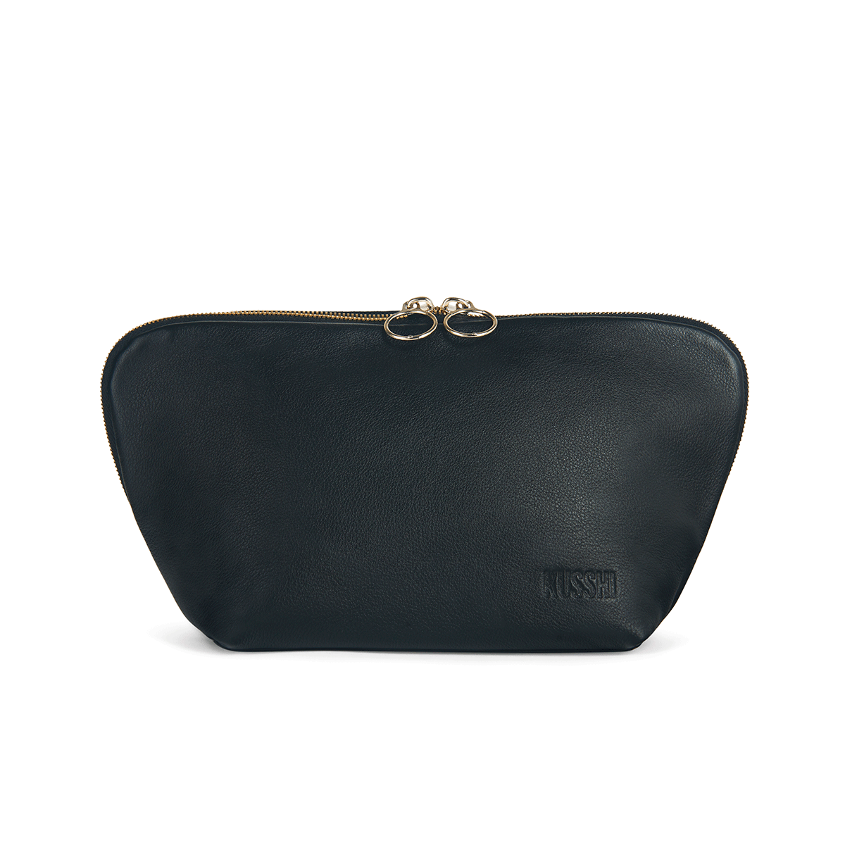 color: Luxurious Black Leather with Emerald Green Interior; alt: Signature Medium Size Makeup Bag | KUSSHI