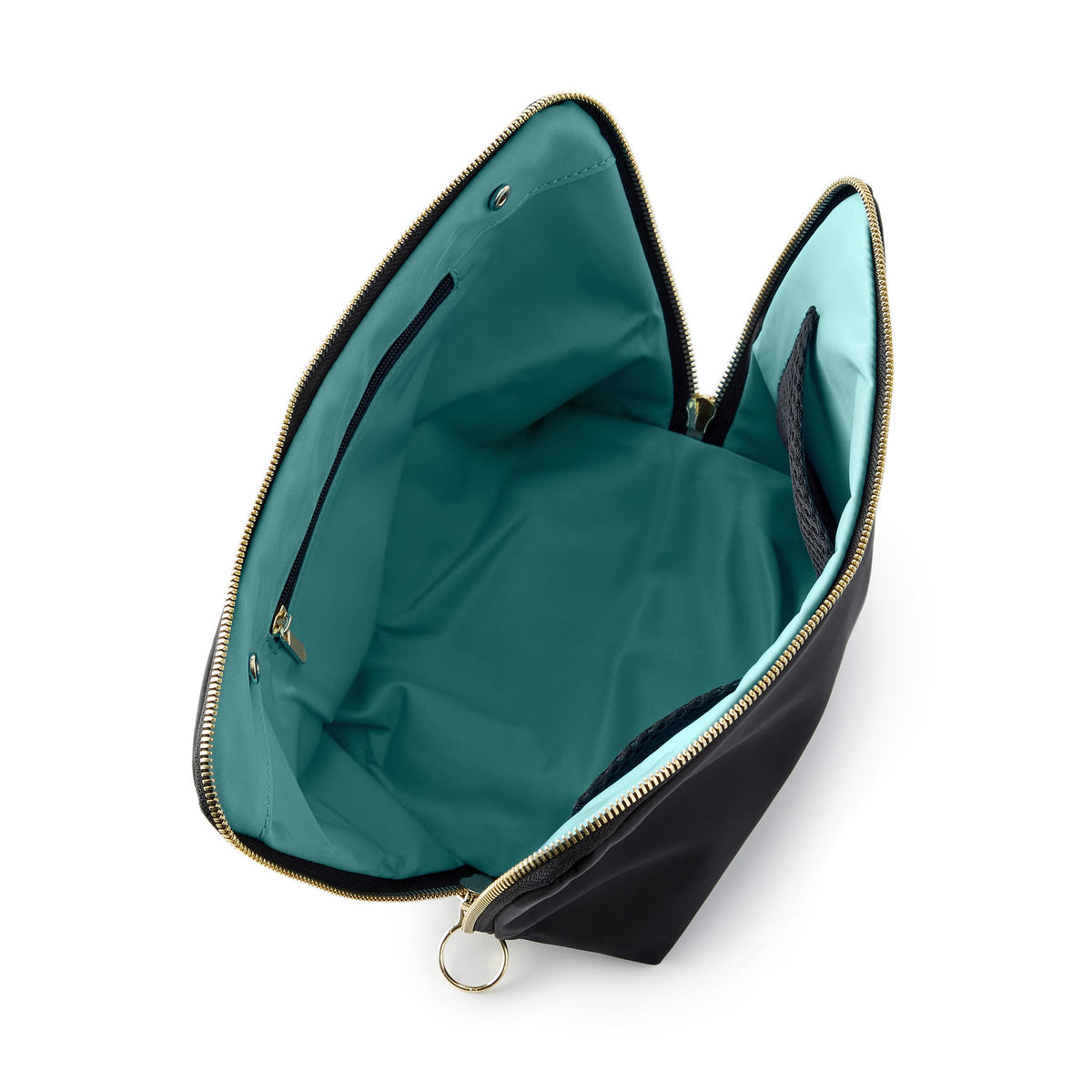 color: Satin Black Fabric with Emerald Green Interior; alt: Signature Medium Size Makeup Bag | KUSSHI