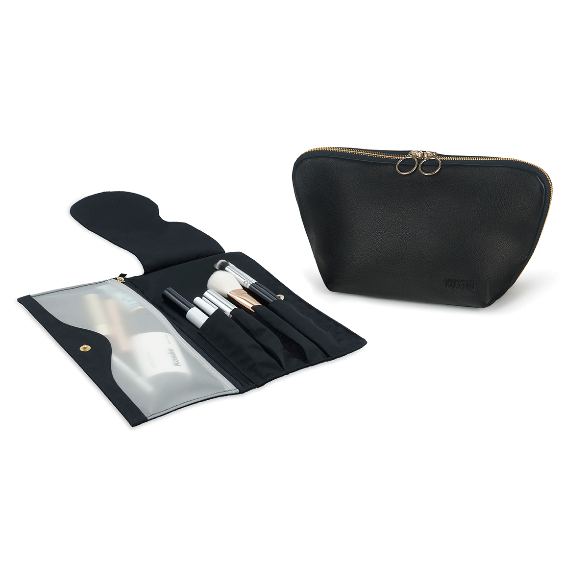 color: Signature+Luxurious Black Leather with Leopard Interior+Pocket Organizer; alt: Signature Medium Leather Makeup Bag | KUSSHI