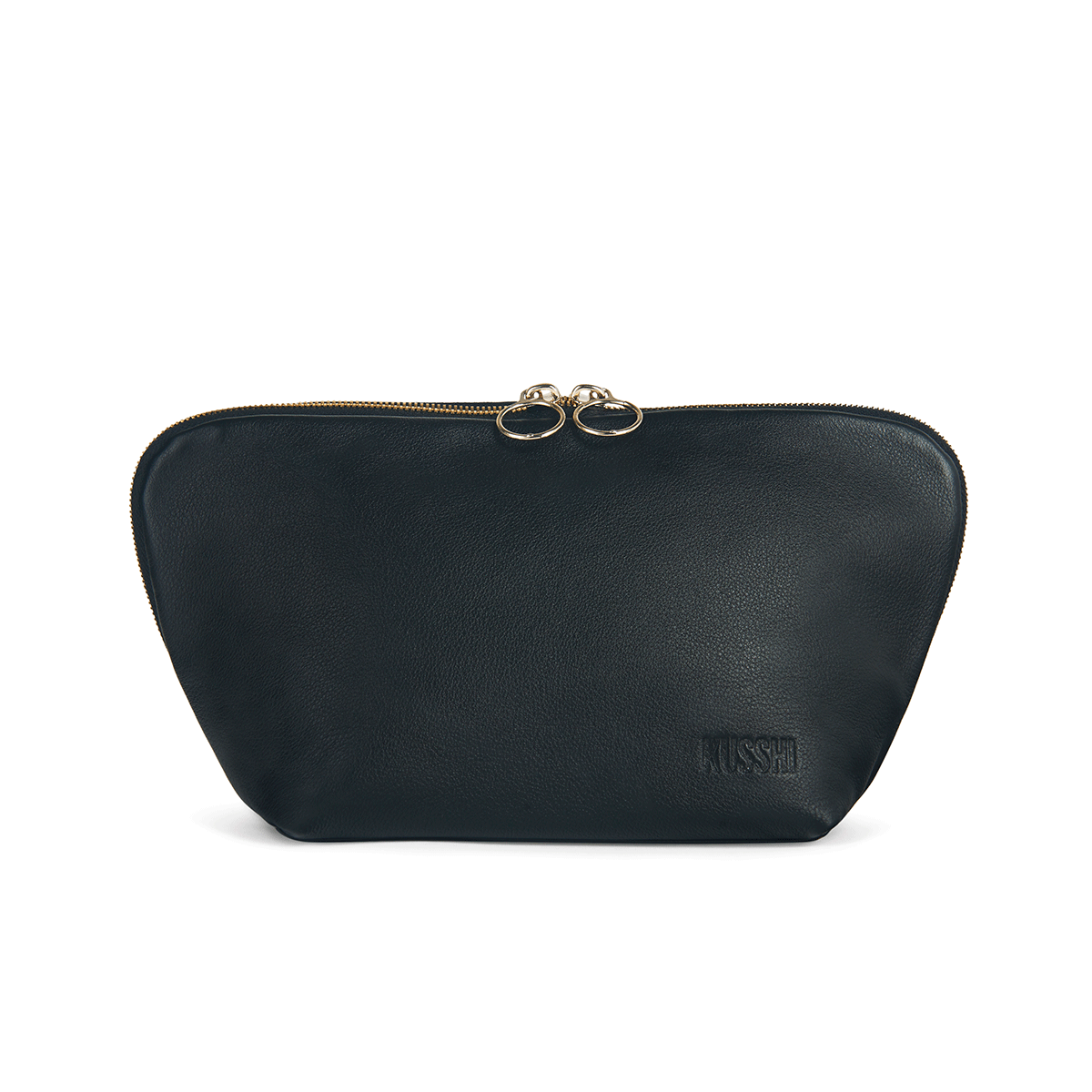 color: Luxurious Black Leather with Cool Grey Interior; alt: Signature Medium Size Makeup Bag | KUSSHI