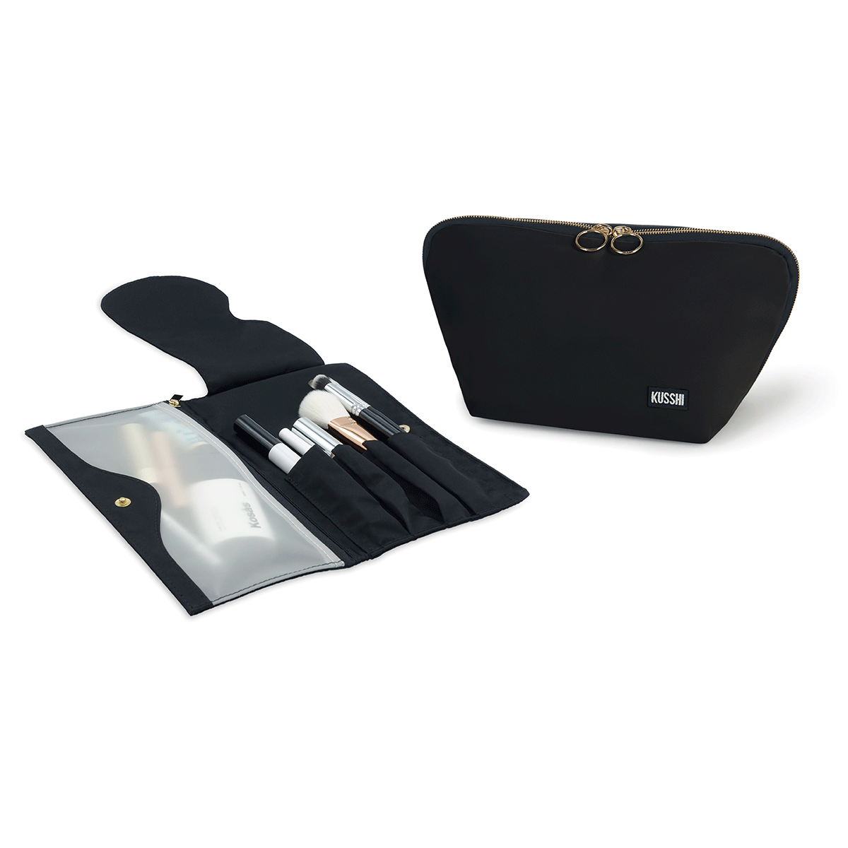 color: Signature+Satin Black Fabric with Leopard Interior+Pocket Organizer; alt: Signature Medium Makeup Bag | KUSSHI