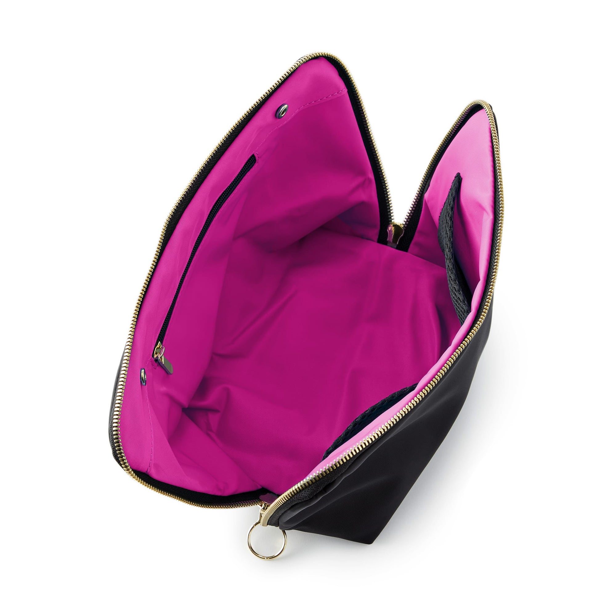 color: Satin Black Fabric with Pink Interior; alt: Signature Medium Size Makeup Bag | KUSSHI