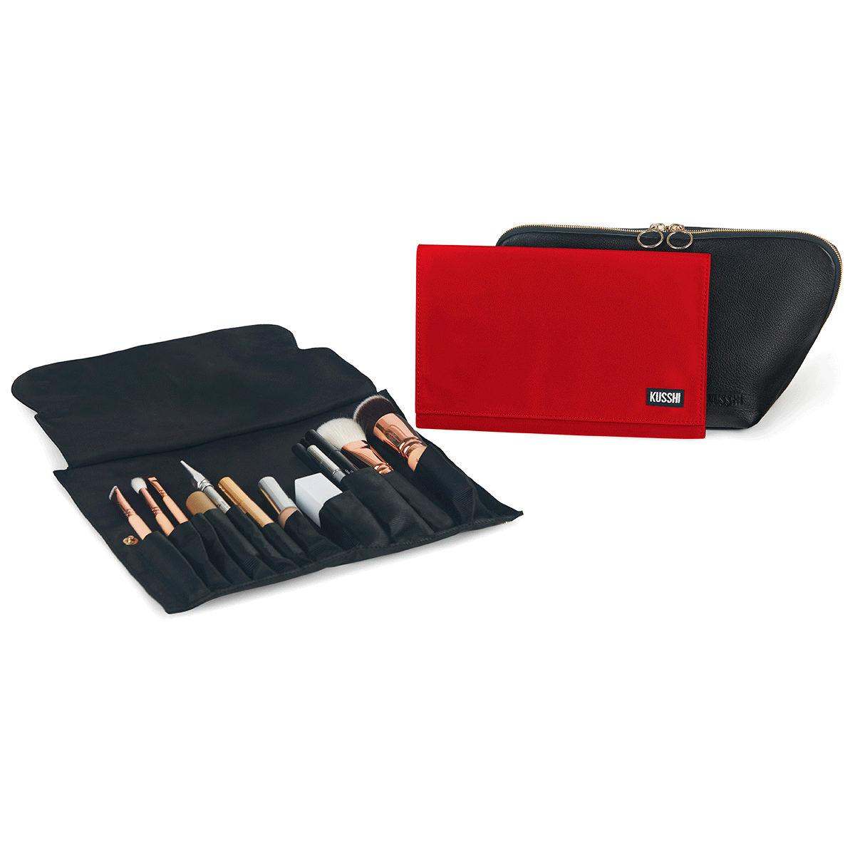 color: Luxurious Black Leather with Red Interior+Candy Apple Red Fabric; alt: Signature Medium Makeup Bag | KUSSHI