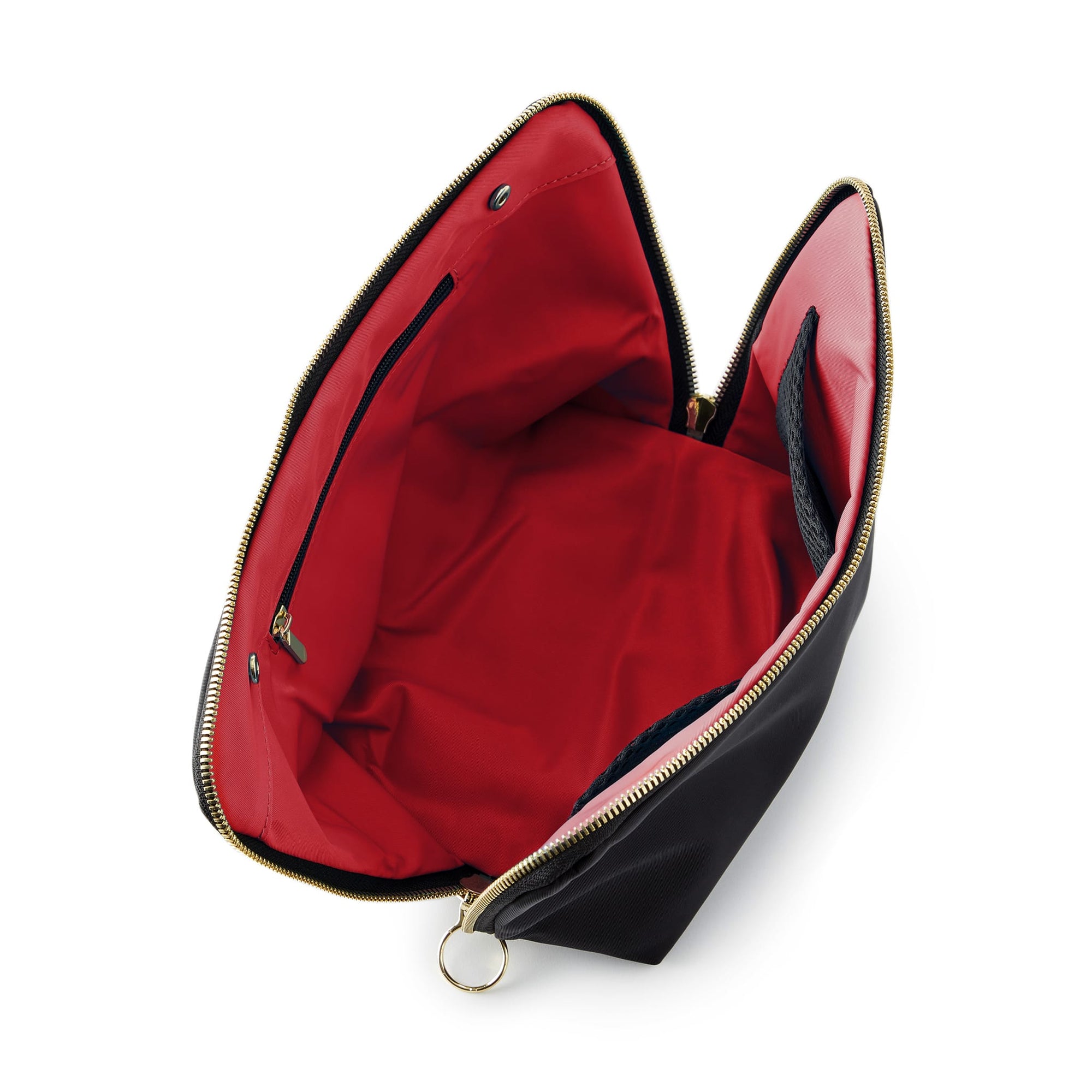 color: Satin Black Fabric with Red Interior; alt: Signature Medium Size Makeup Bag | KUSSHI