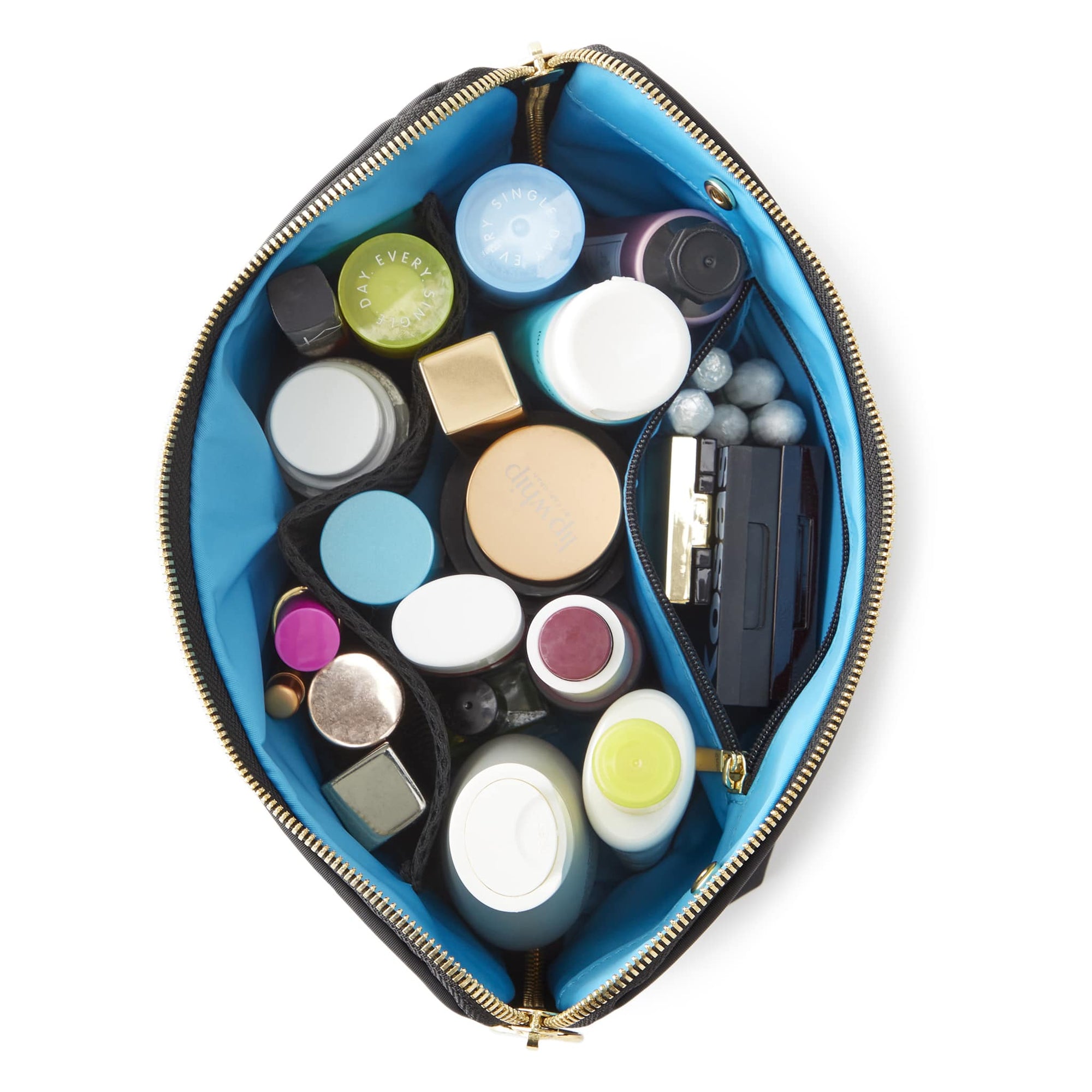 color: Satin Black Fabric with Teal Interior; alt: Signature Medium Size Makeup Bag | KUSSHI