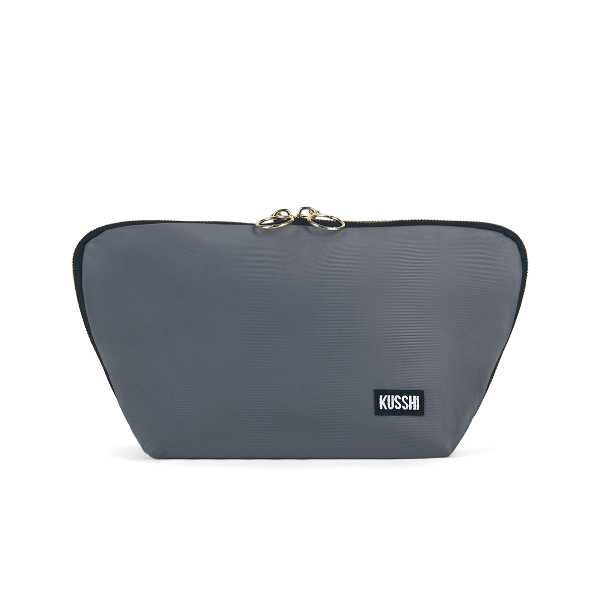 color: Steel Grey Fabric with Purple Interior; alt: Signature Medium Size Makeup Bag | KUSSHI