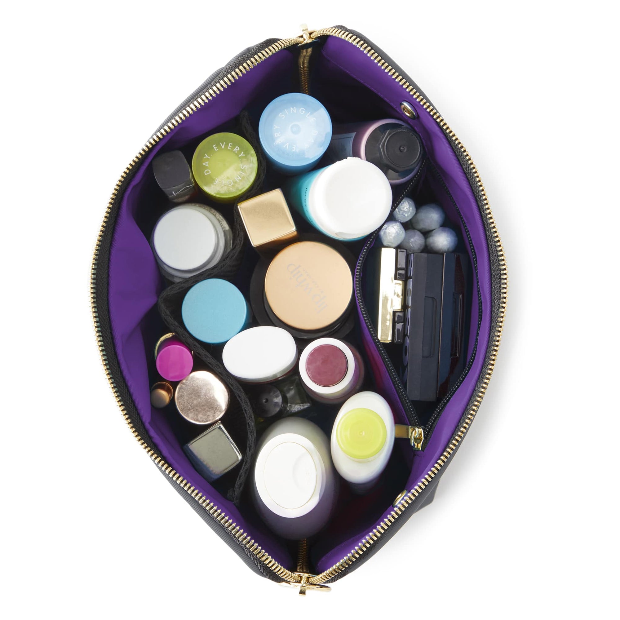 color: Steel Grey Fabric with Purple Interior; alt: Signature Medium Size Makeup Bag | KUSSHI
