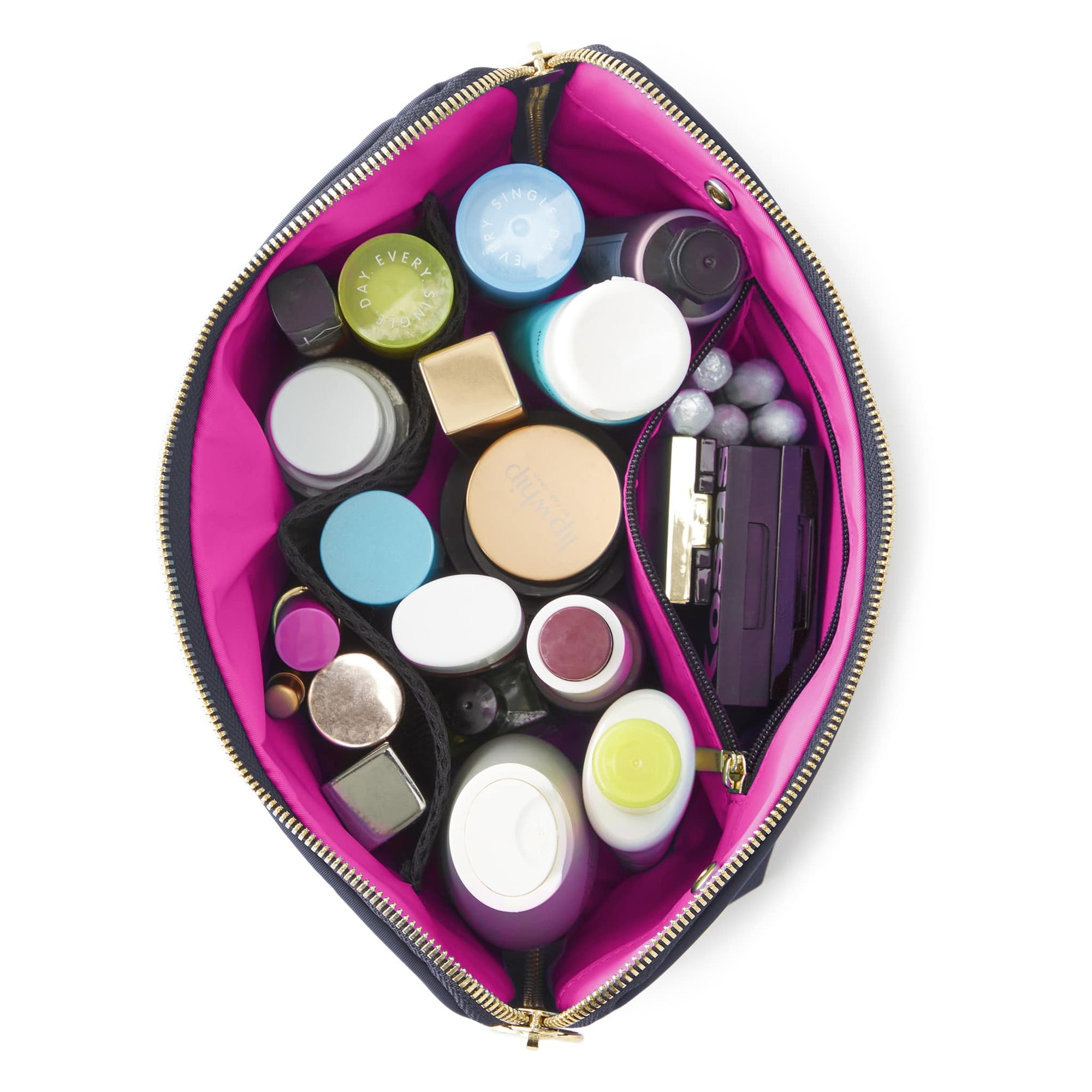 color: Navy Fabric with Pink Interior; alt: Signature Medium Size Makeup Bag | KUSSHI