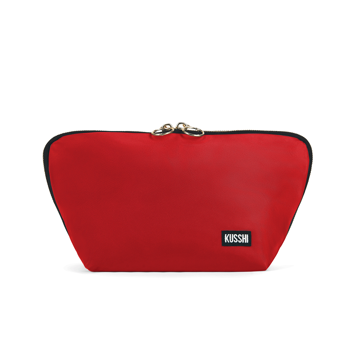 color: Candy Apple Red Fabric with Leopard Interior; alt: Signature Medium Size Makeup Bag | KUSSHI