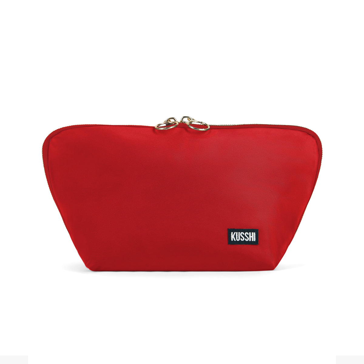 color: Candy Apple Red Fabric with Pink Interior; alt: Signature Medium Size Makeup Bag | KUSSHI