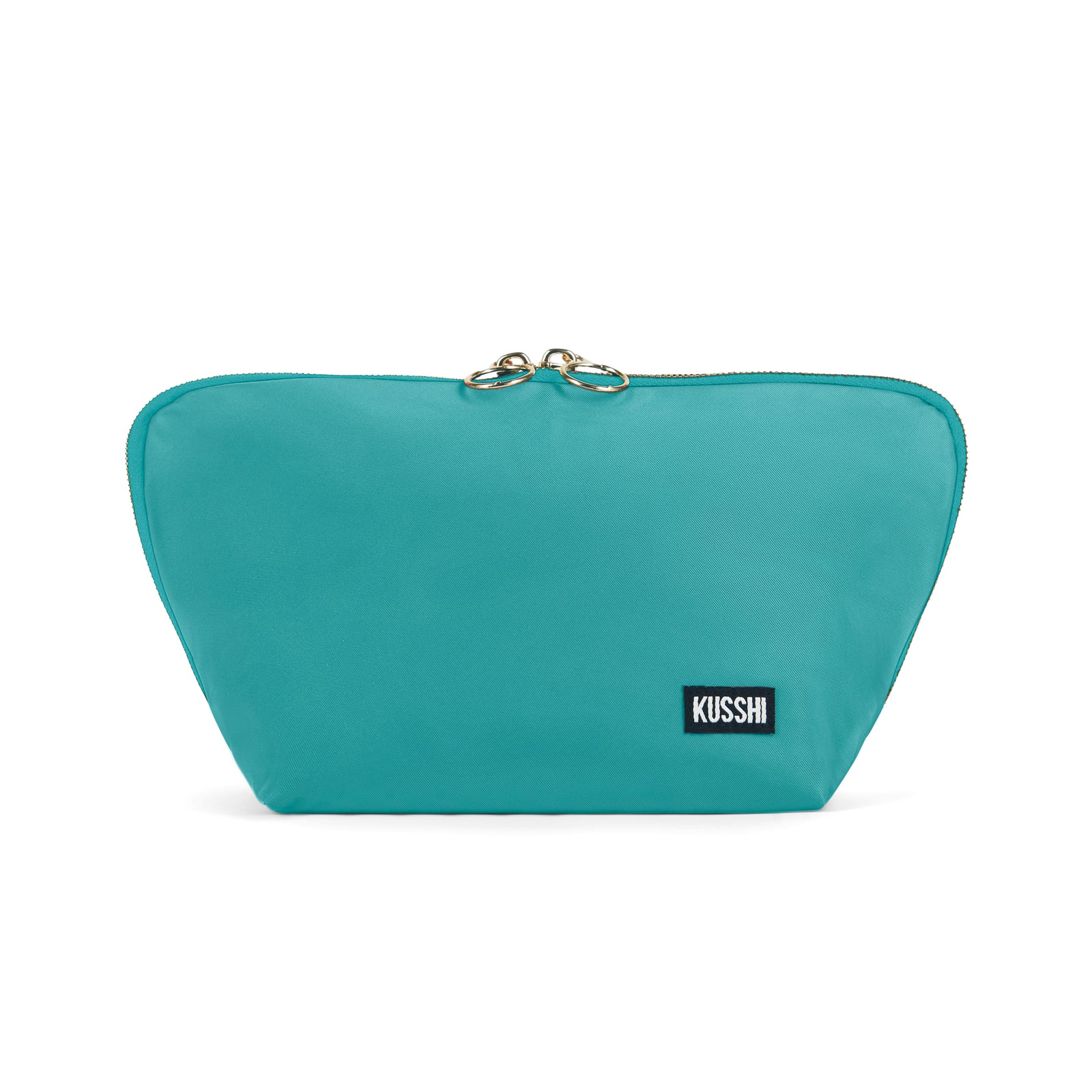color: Sea Green Fabric with Bright Orange Interior; alt: Signature Medium Size Makeup Bag | KUSSHI