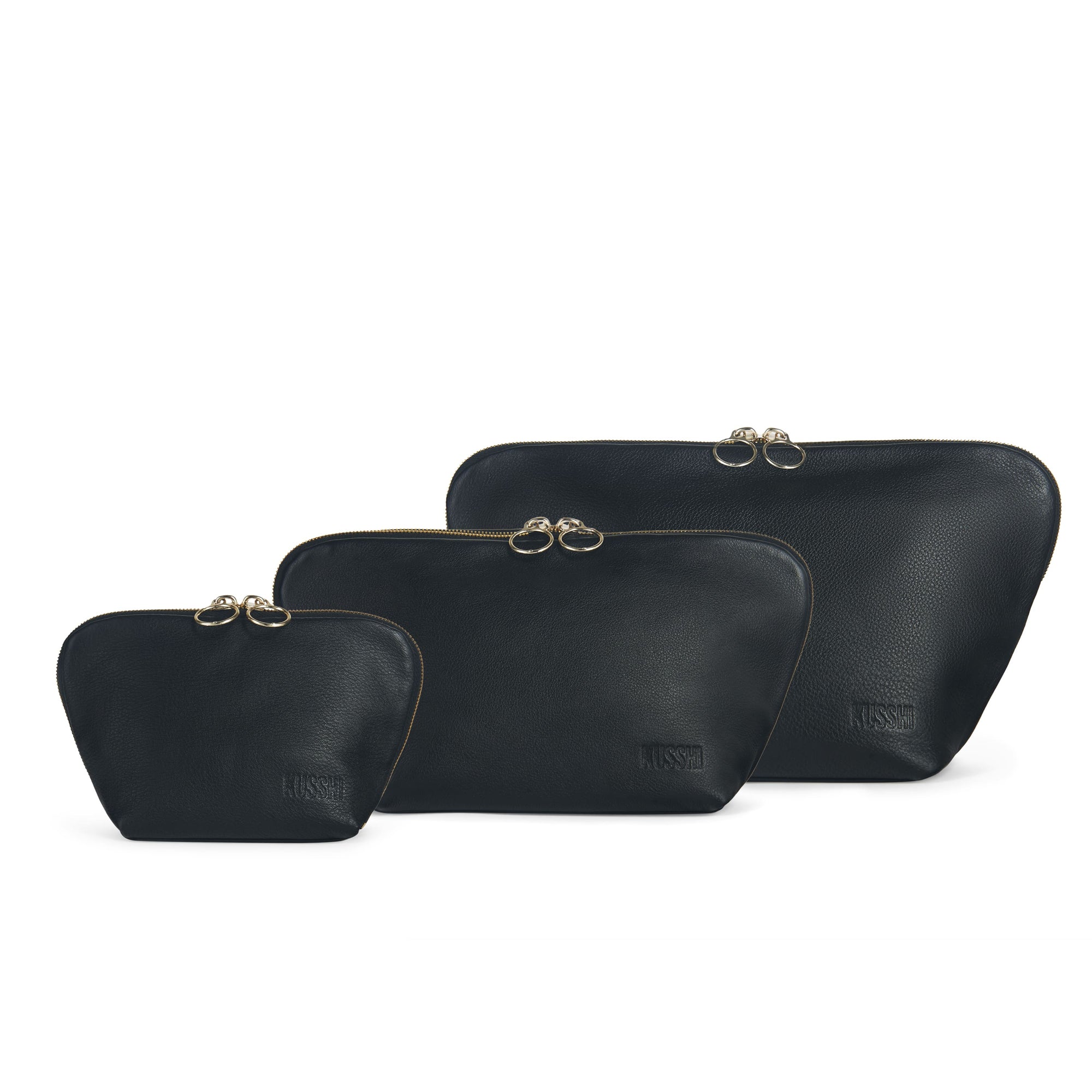 color: Luxurious Black Leather with Cool Grey Interior; alt: The Complete KUSSHI Set Makeup Bag | KUSSHI