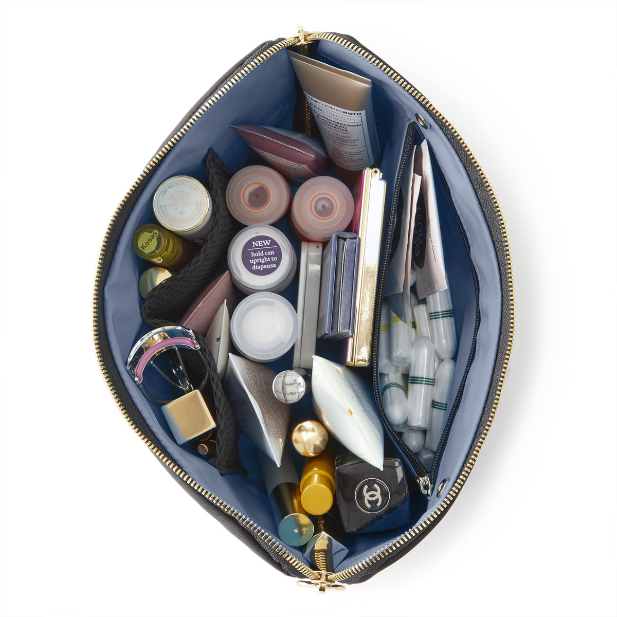 color: Satin Black Fabric with Cool Grey Interior; alt: Vacationer Large Size Makeup Bag | KUSSHI