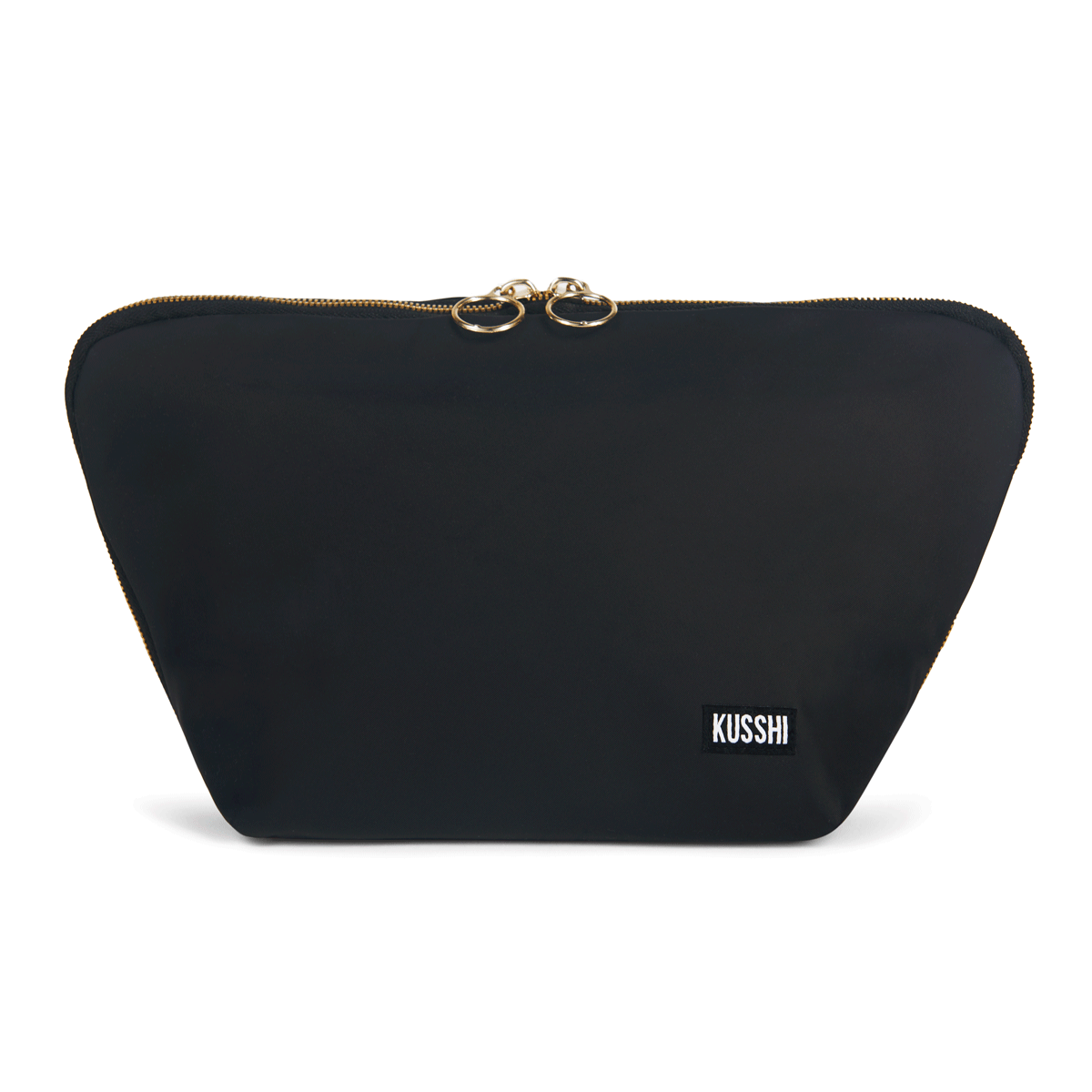 color: Satin Black Fabric with Cool Grey Interior; alt: Vacationer Large Size Makeup Bag | KUSSHI