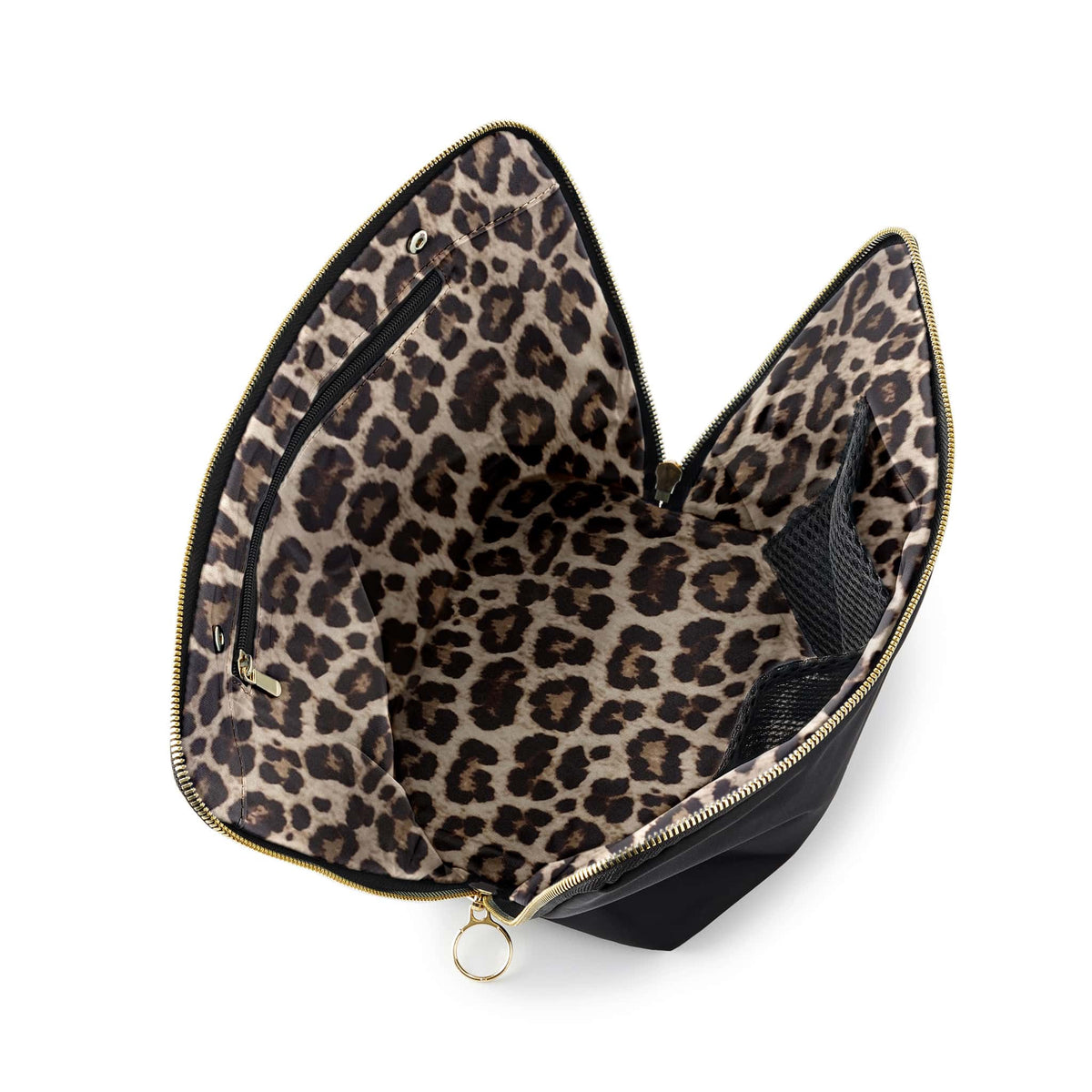 color: Satin Black Fabric with Leopard Interior; alt: Vacationer Large Size Makeup Bag | KUSSHI