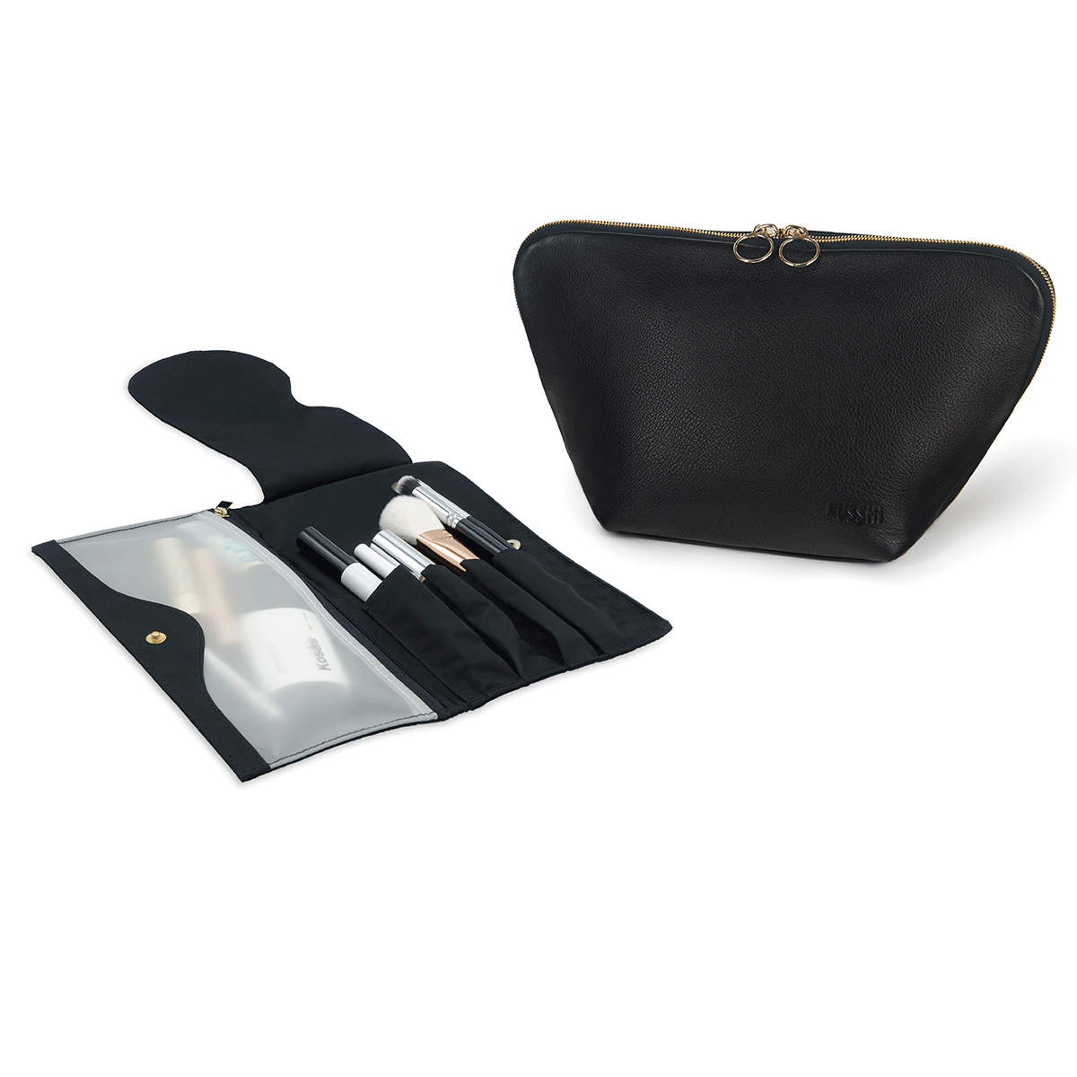 color: Vacationer+Luxurious Black Leather with Leopard Interior+Pocket Organizer; alt: Vacationer Large Leather Makeup Bag | KUSSHI