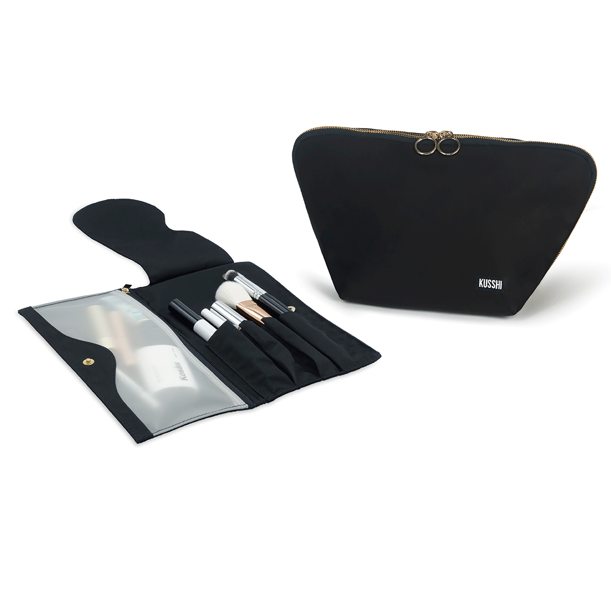 color: Vacationer+Satin Black Fabric with Leopard Interior+Pocket Organizer; alt: Vacationer Large Makeup Bag | KUSSHI
