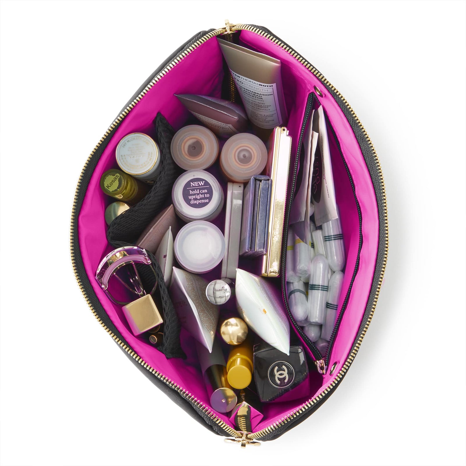 color: Satin Black Fabric with Pink Interior; alt: Vacationer Large Size Makeup Bag | KUSSHI