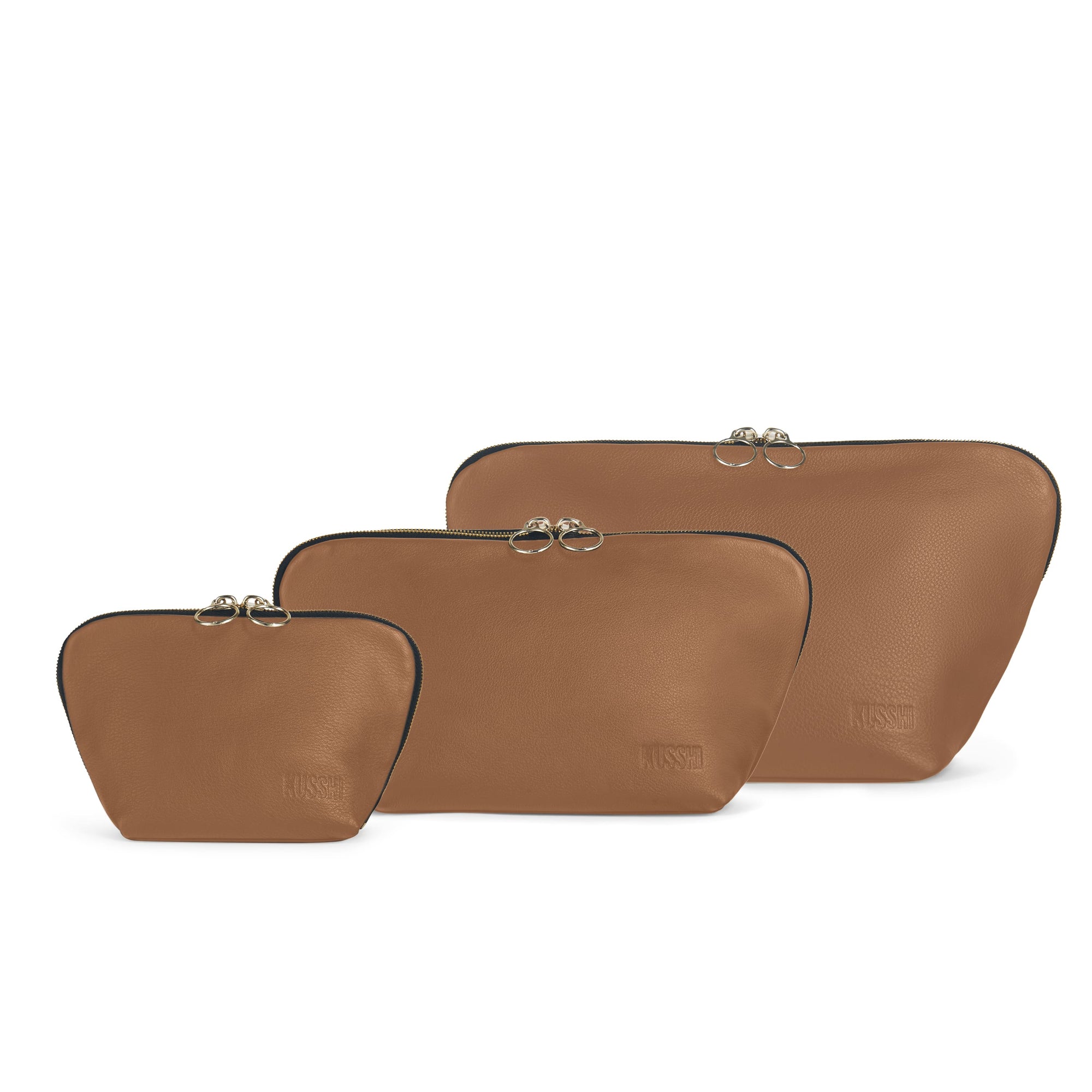 color: Luxurious Camel Leather with Red Interior; alt: The Complete KUSSHI Set Makeup Bag | KUSSHI
