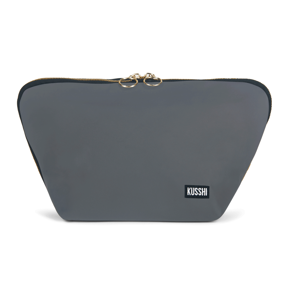 color: Steel Grey Fabric with Purple Interior; alt: Vacationer Large Size Makeup Bag | KUSSHI