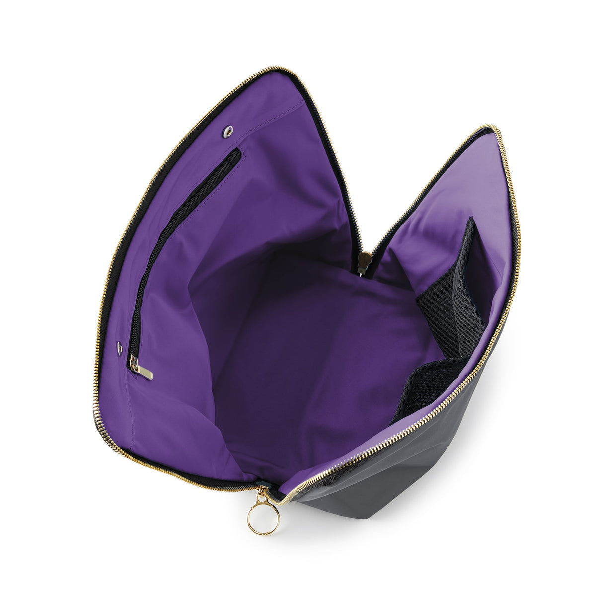 color: Steel Grey Fabric with Purple Interior; alt: Vacationer Large Size Makeup Bag | KUSSHI