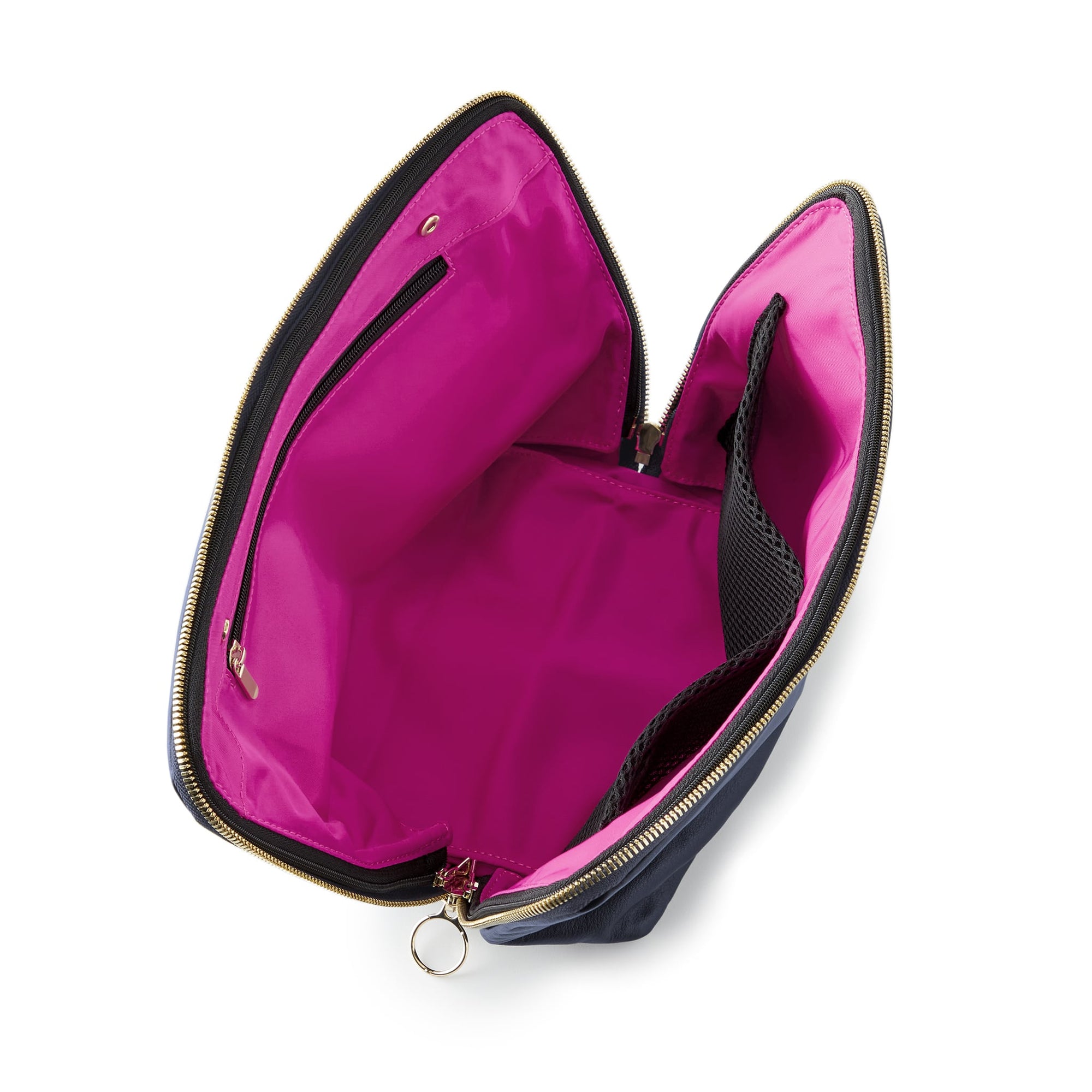color: Navy Leather with Pink Interior; alt: Vacationer Large Size Makeup Bag | KUSSHI