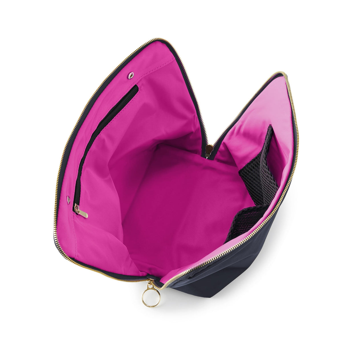 color: Navy Fabric with Pink Interior; alt: Vacationer Large Size Makeup Bag | KUSSHI