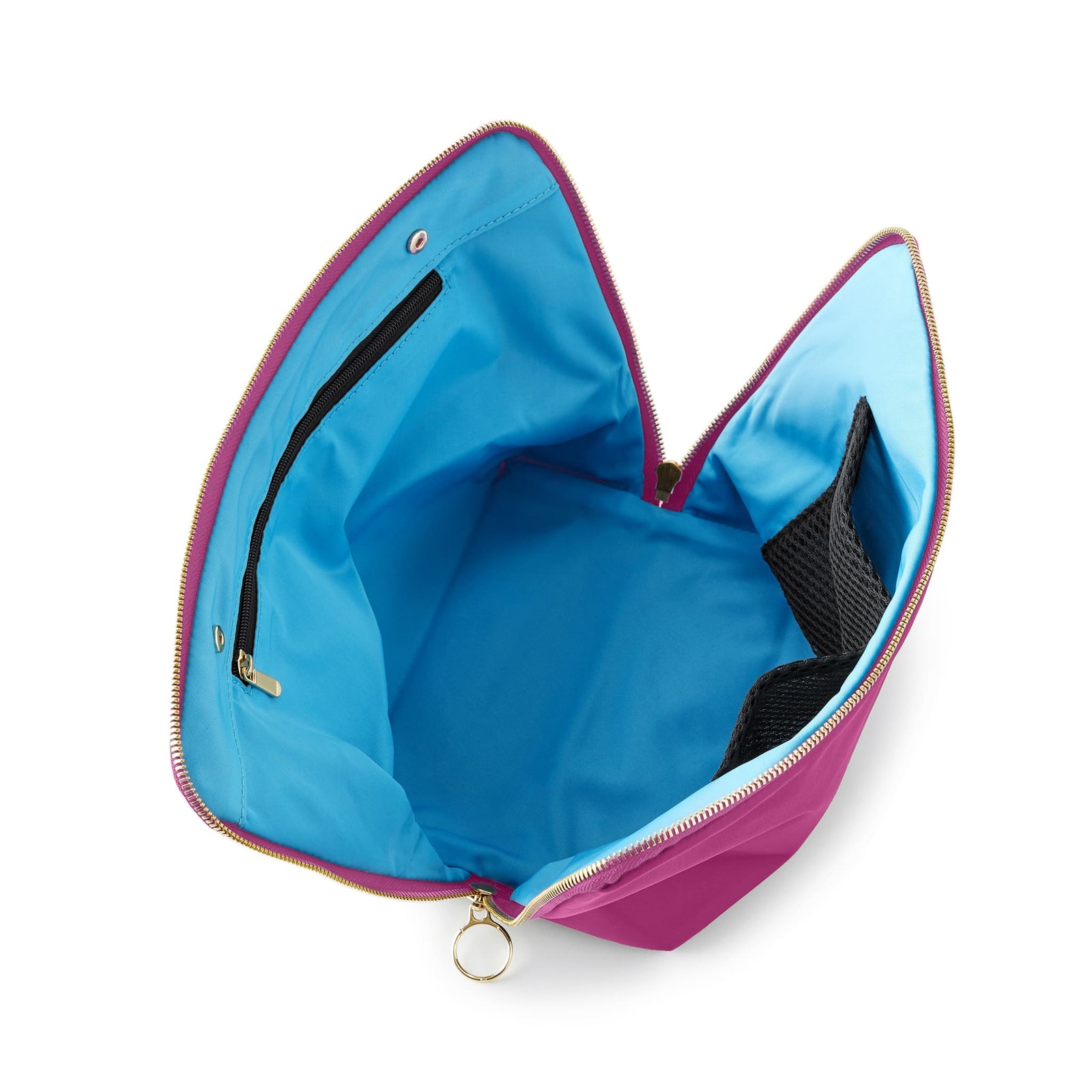 color: Pink Fabric with Teal Interior; alt: Vacationer Large Size Makeup Bag | KUSSHI