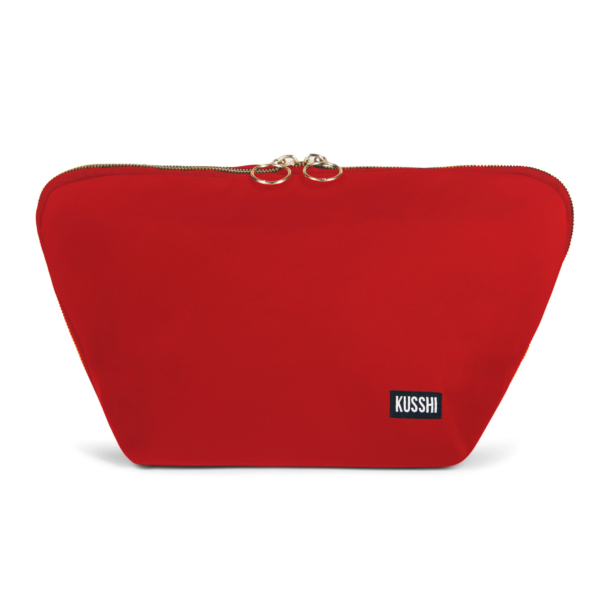 color: Candy Apple Red Fabric with Pink Interior; alt: Vacationer Large Makeup Bag | KUSSHI
