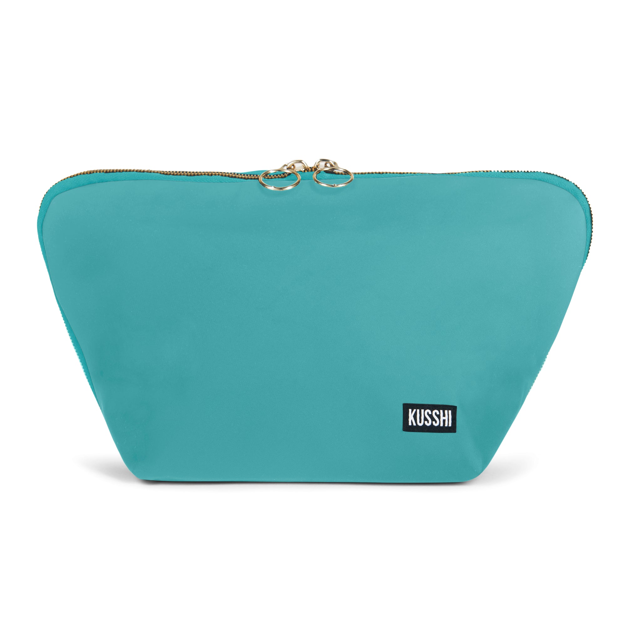 color: Sea Green Fabric with Bright Orange Interior; alt: Vacationer Large Size Makeup Bag | KUSSHI