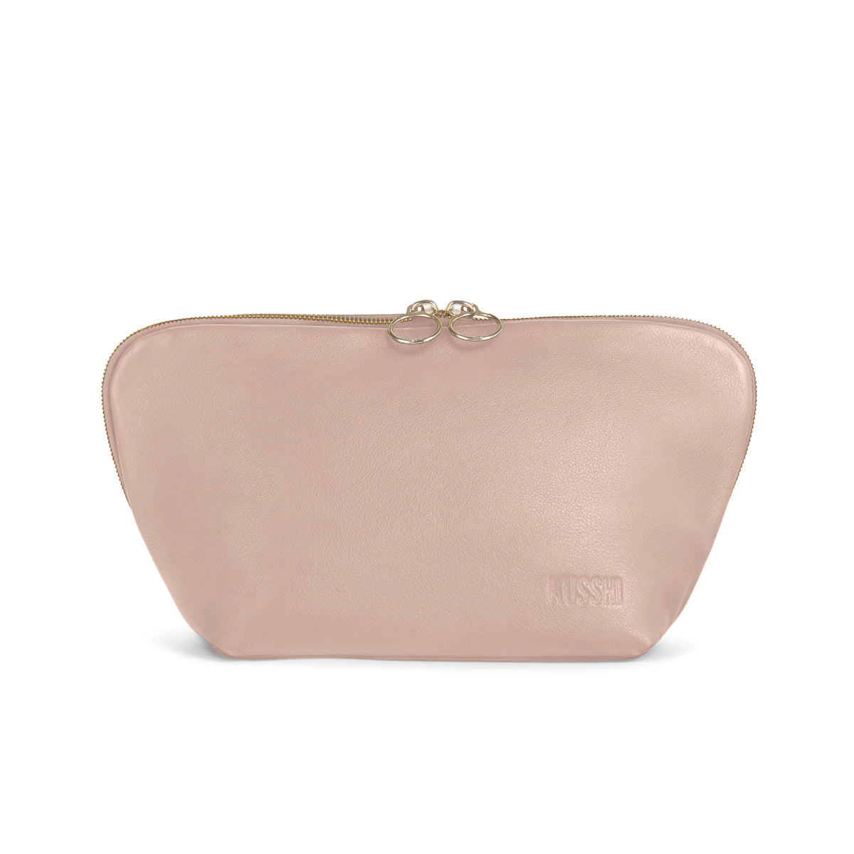 color: Blush Pink Leather with Cool Grey Interior; alt: Signature Medium Size Makeup Bag | KUSSHI