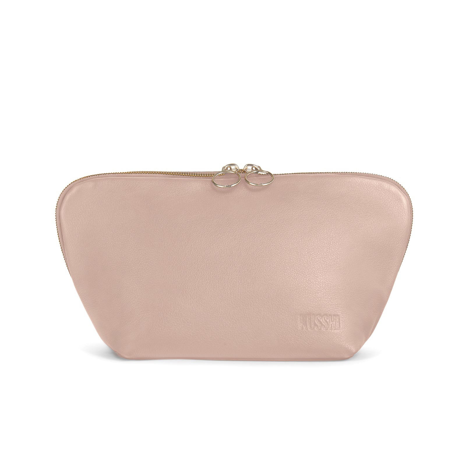 color: Blush Pink Leather with Cool Grey Interior; alt: Signature Medium Size Makeup Bag | KUSSHI