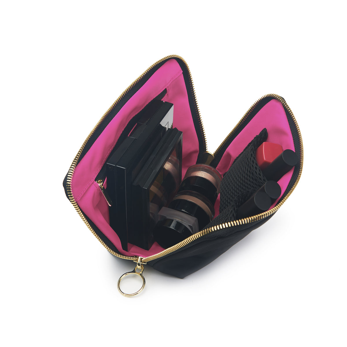 color: Satin Black Fabric with Pink Interior; alt: Everyday Small Size Makeup Bag | KUSSHI