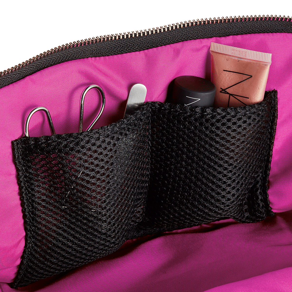 color:Satin Black Fabric with Pink Interior; alt: Vacationer Large Size Makeup Bag | KUSSHI